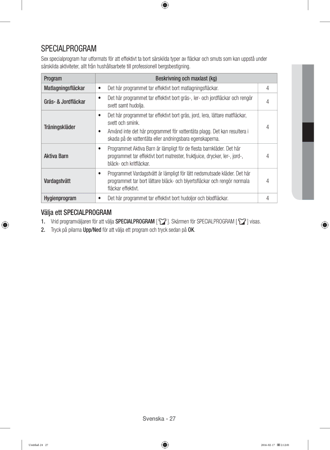 Samsung WW12H8400EW/EE manual Välja ett Specialprogram 