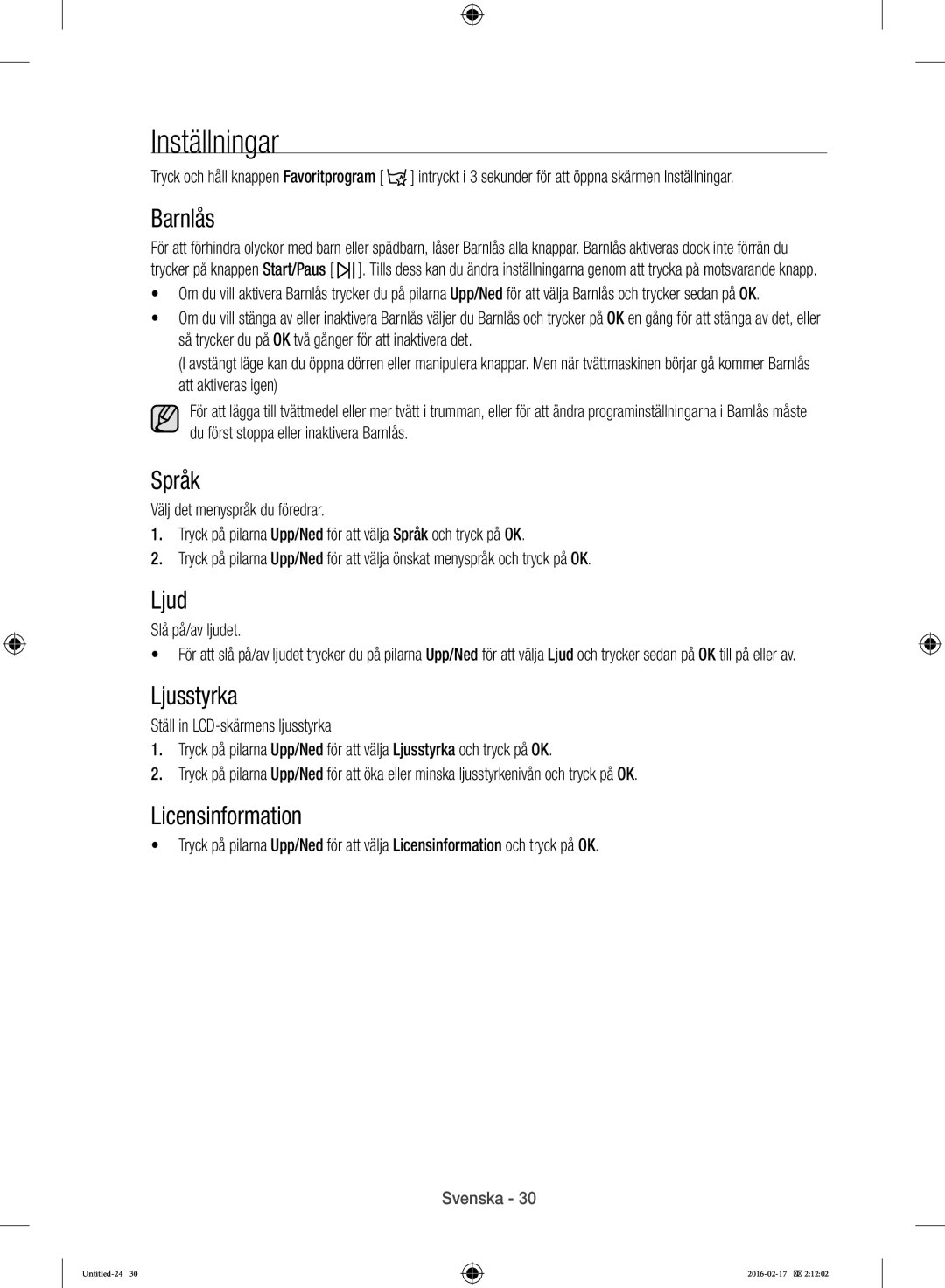 Samsung WW12H8400EW/EE manual Inställningar 