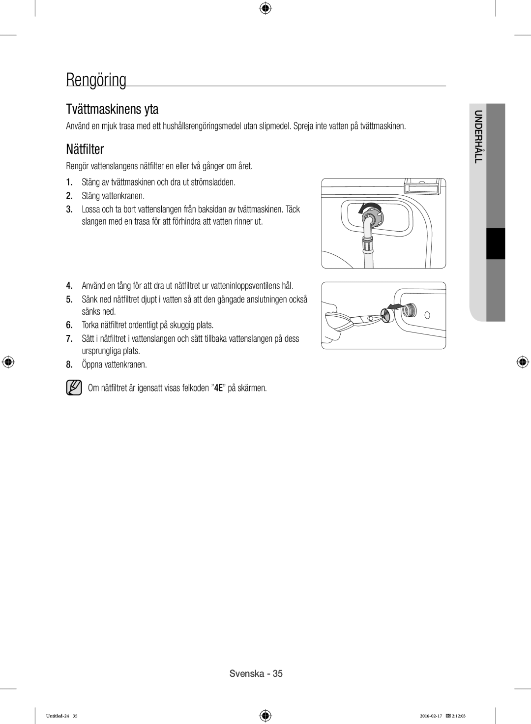 Samsung WW12H8400EW/EE manual Rengöring, Tvättmaskinens yta, Nätfilter 