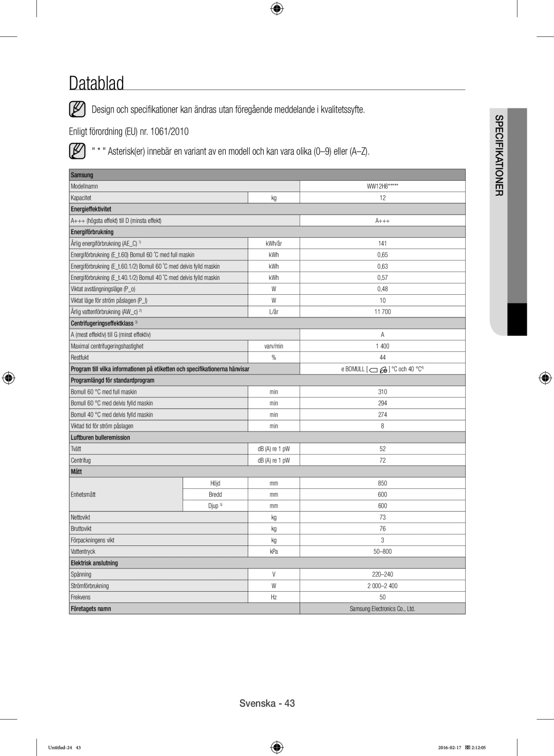 Samsung WW12H8400EW/EE manual Datablad 