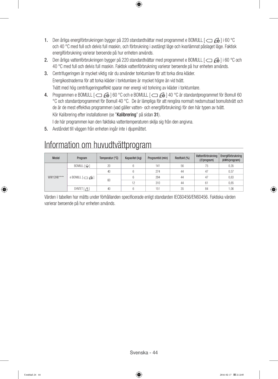 Samsung WW12H8400EW/EE manual Information om huvudtvättprogram 