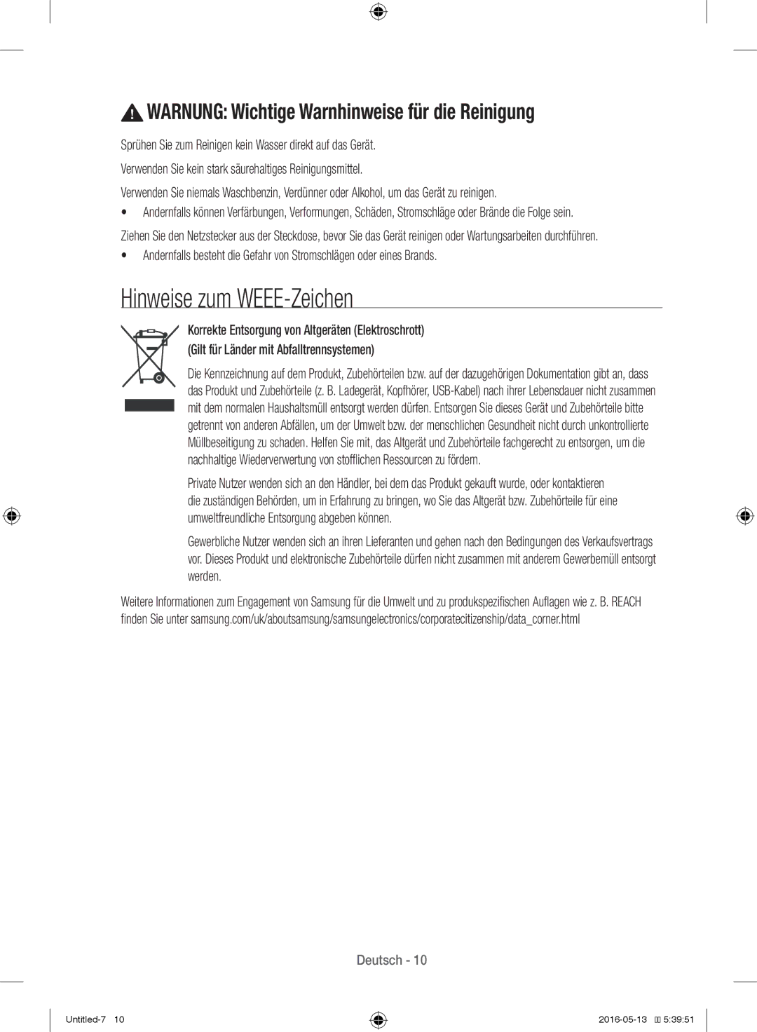 Samsung WW12H8400EW/EG manual Hinweise zum WEEE-Zeichen, Warnung Wichtige Warnhinweise für die Reinigung 