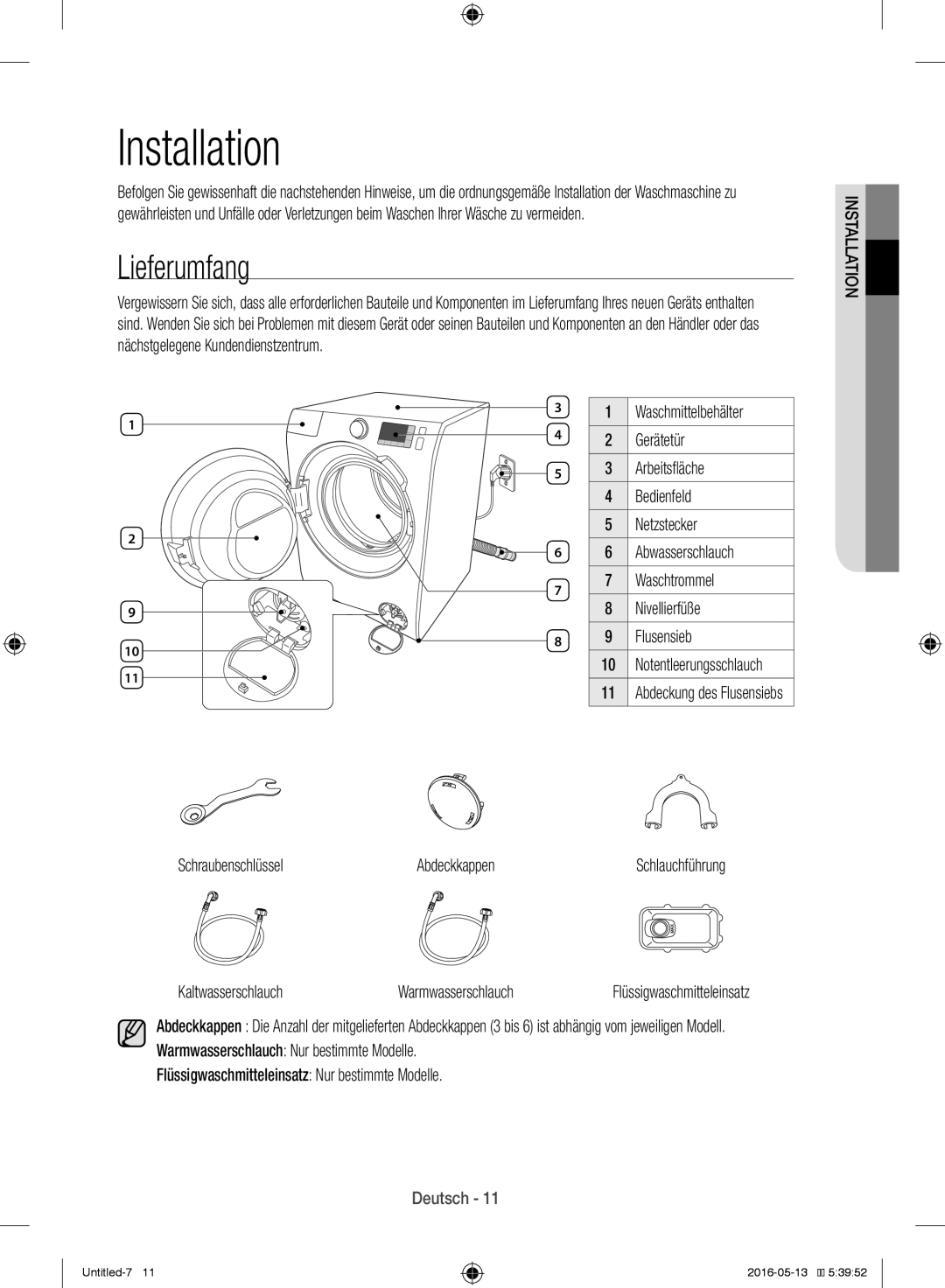 Samsung WW12H8400EW/EG manual Installation, Lieferumfang 