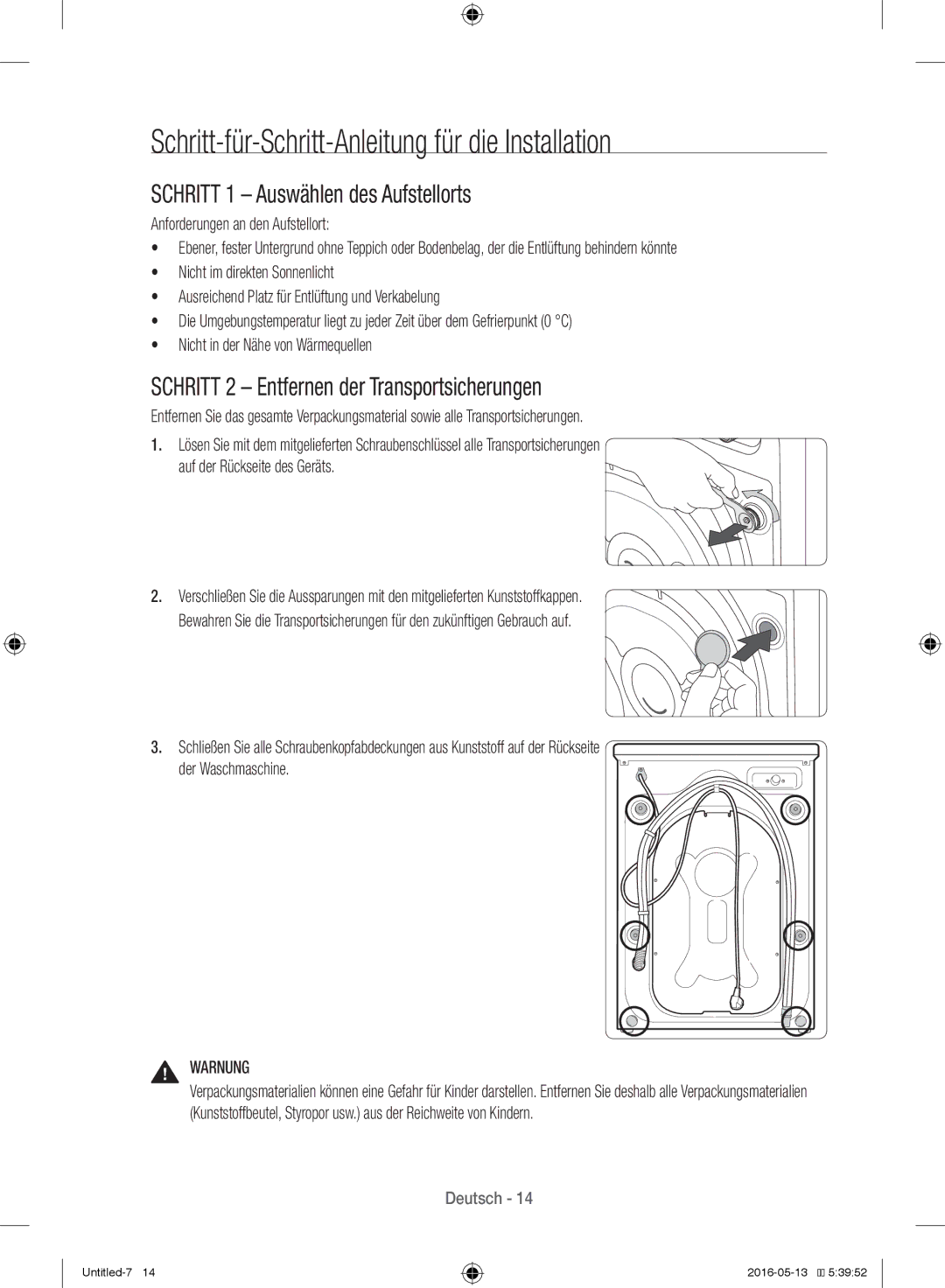 Samsung WW12H8400EW/EG manual Schritt-für-Schritt-Anleitung für die Installation, Schritt 1 Auswählen des Aufstellorts 