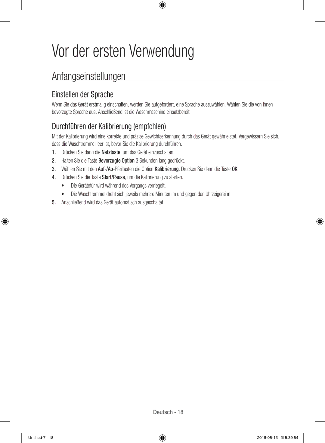 Samsung WW12H8400EW/EG manual Vor der ersten Verwendung, Anfangseinstellungen, Einstellen der Sprache 