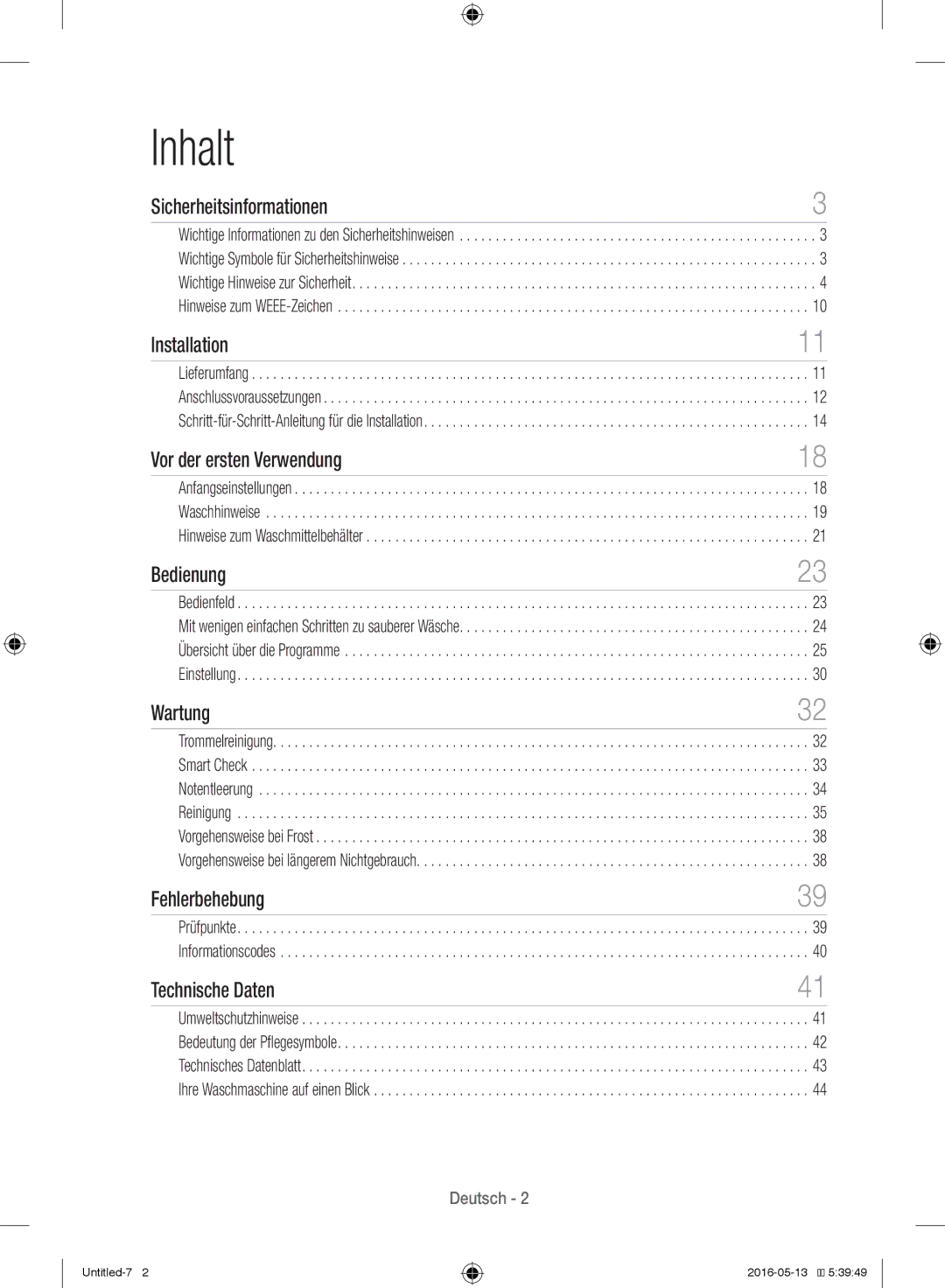 Samsung WW12H8400EW/EG manual Inhalt, Sicherheitsinformationen 