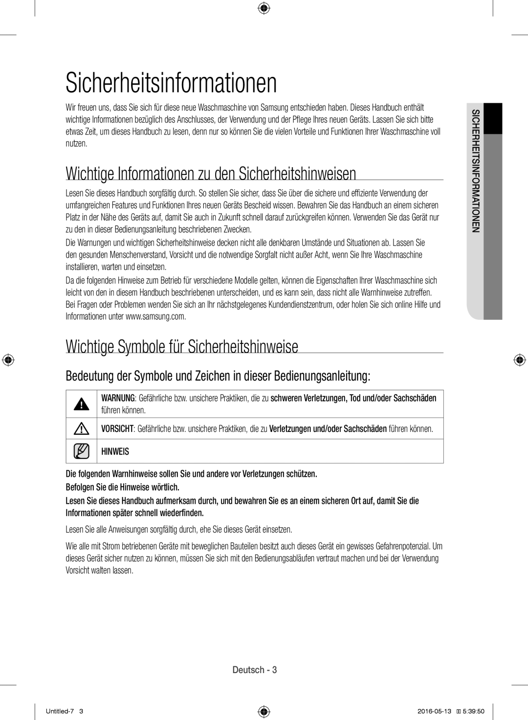 Samsung WW12H8400EW/EG manual Sicherheitsinformationen, Wichtige Symbole für Sicherheitshinweise 