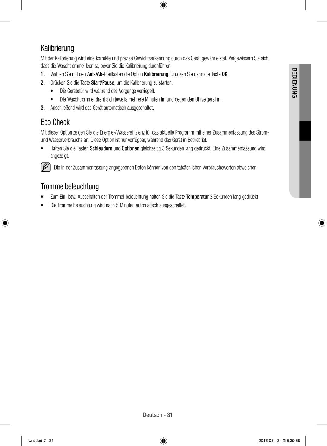 Samsung WW12H8400EW/EG manual Kalibrierung, Eco Check, Trommelbeleuchtung 