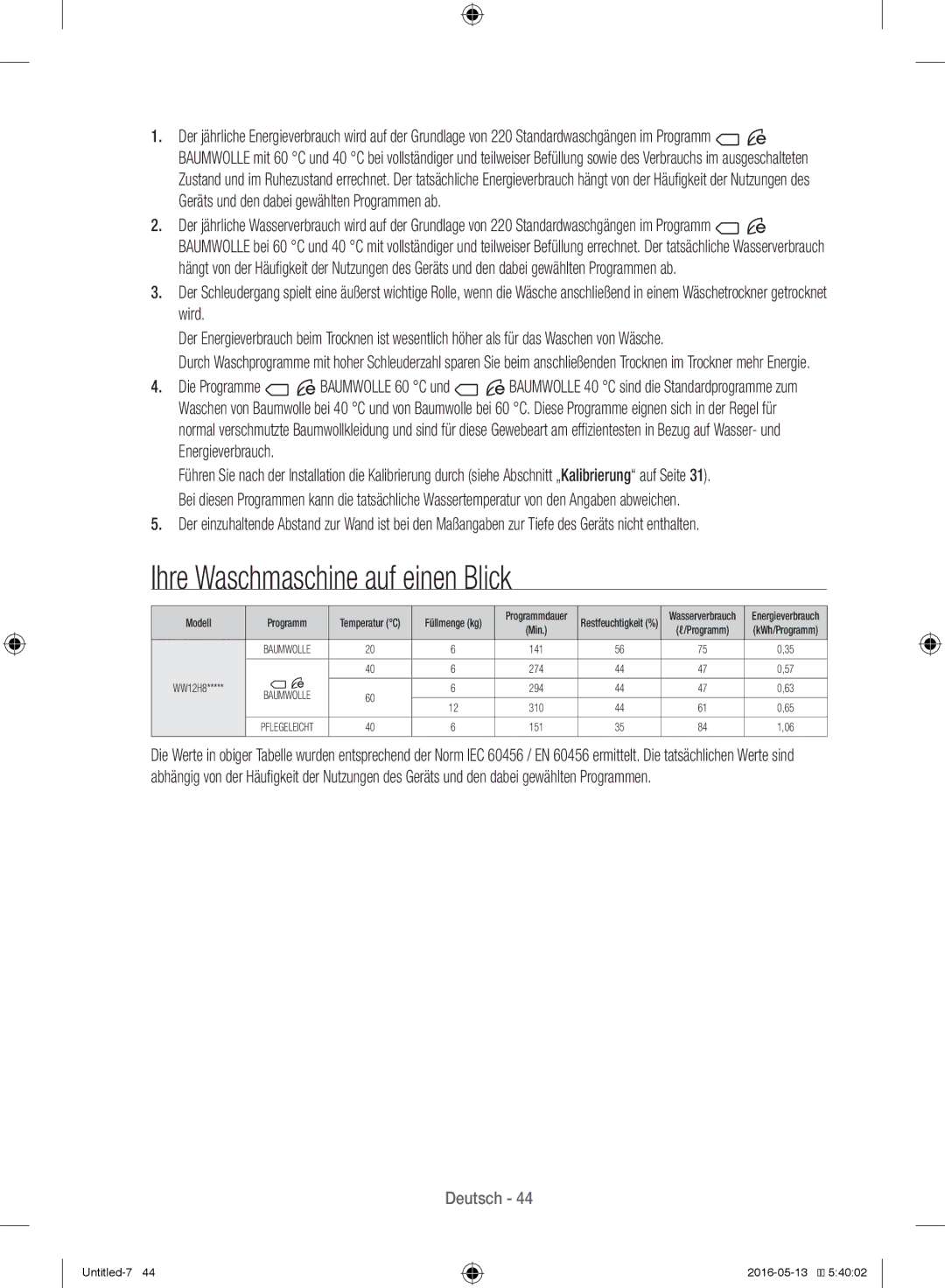 Samsung WW12H8400EW/EG manual Ihre Waschmaschine auf einen Blick 