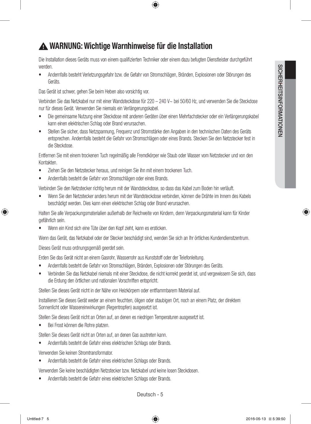 Samsung WW12H8400EW/EG manual Warnung Wichtige Warnhinweise für die Installation 