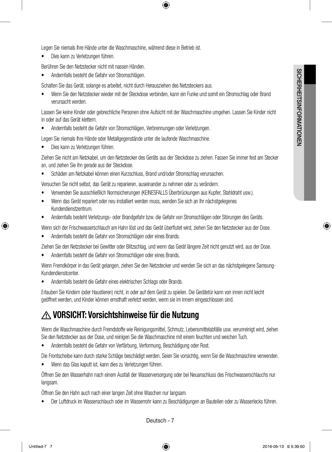 Samsung WW12H8400EW/EG manual Vorsicht Vorsichtshinweise für die Nutzung 