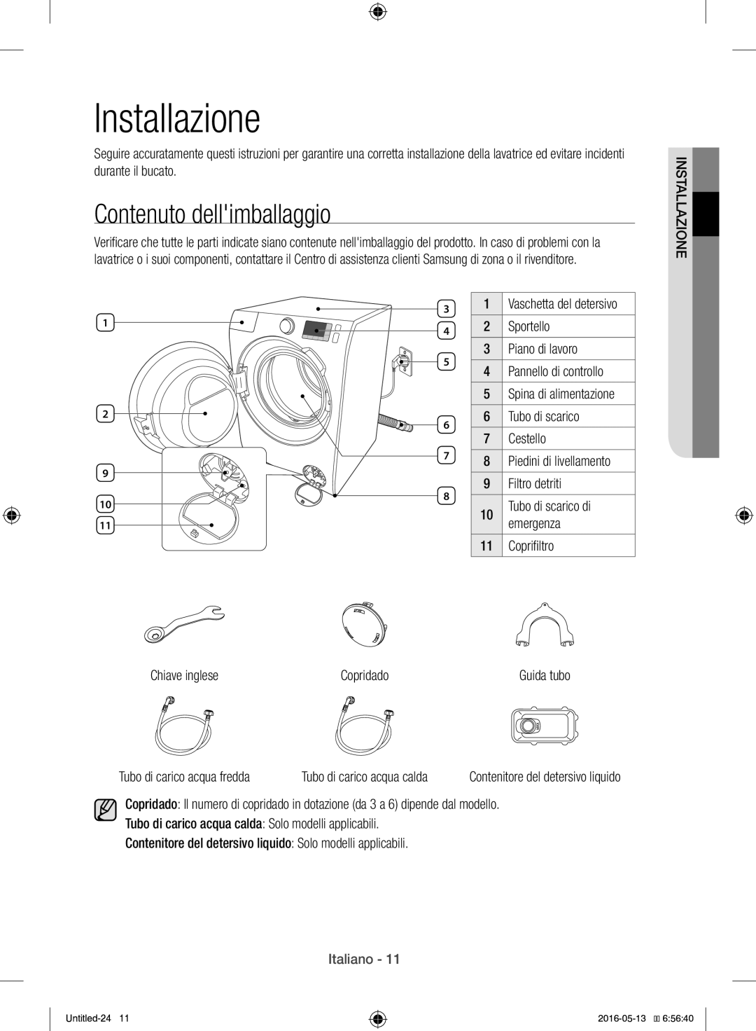 Samsung WW12H8400EW/ET manual Installazione, Contenuto dellimballaggio, Chiave inglese 