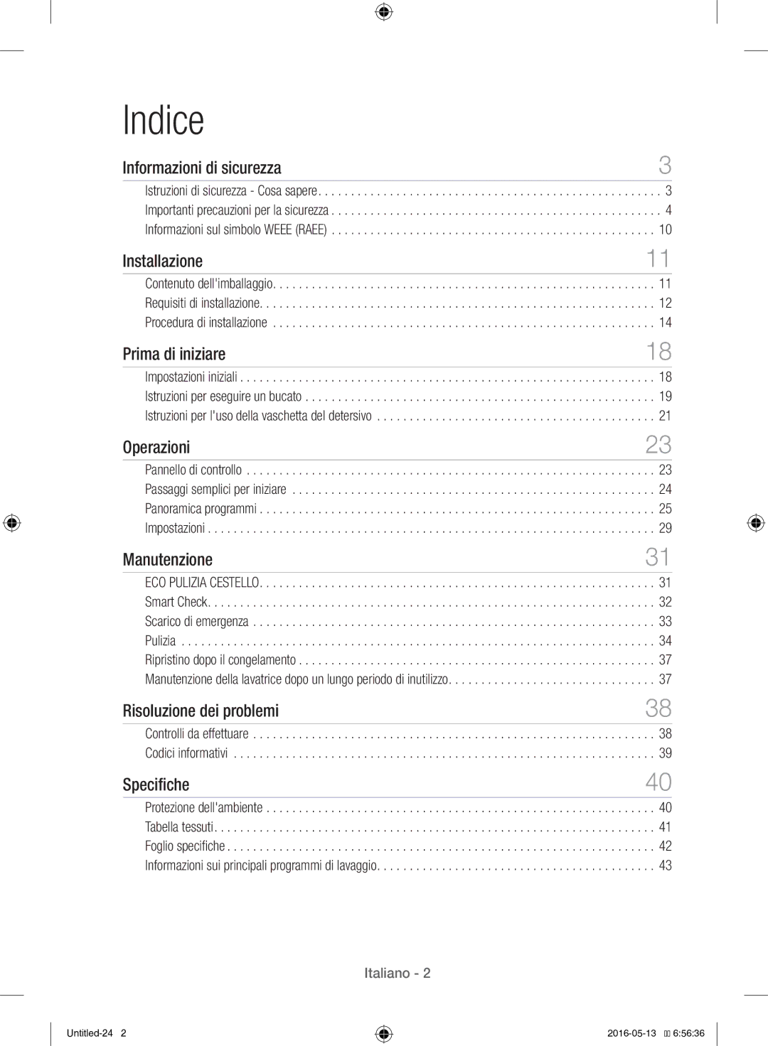 Samsung WW12H8400EW/ET manual Indice, Informazioni di sicurezza 