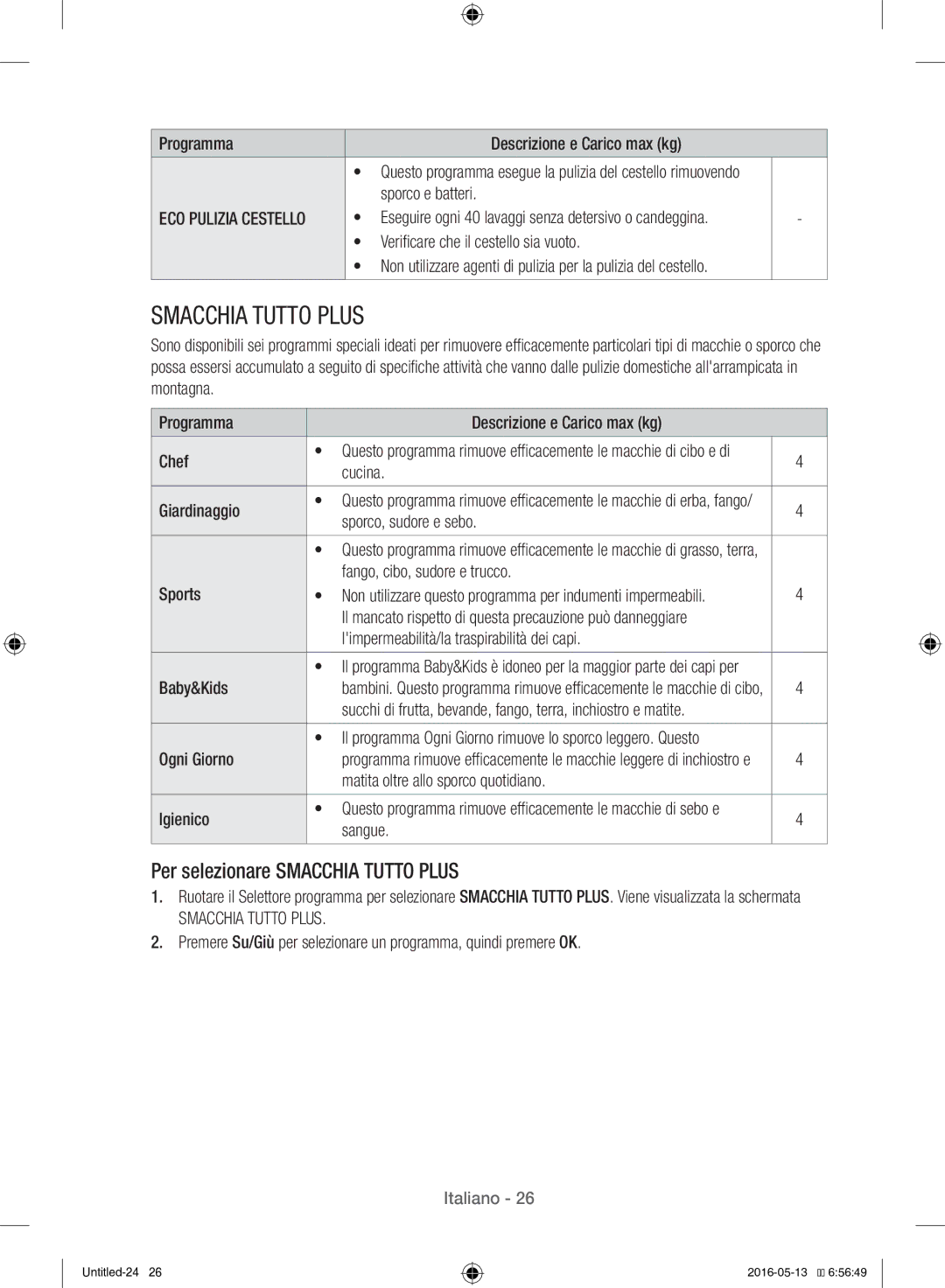 Samsung WW12H8400EW/ET Sporco e batteri, Verificare che il cestello sia vuoto, Cucina, Giardinaggio, Sporco, sudore e sebo 