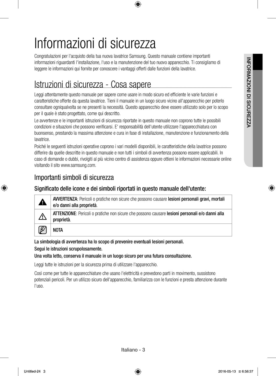 Samsung WW12H8400EW/ET Informazioni di sicurezza, Istruzioni di sicurezza Cosa sapere, Importanti simboli di sicurezza 