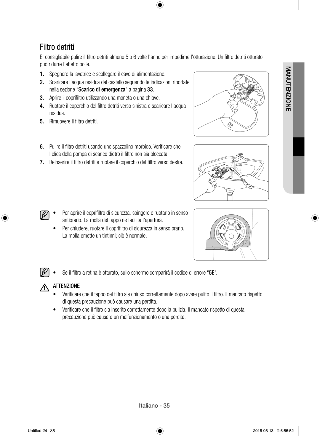 Samsung WW12H8400EW/ET manual Filtro detriti 