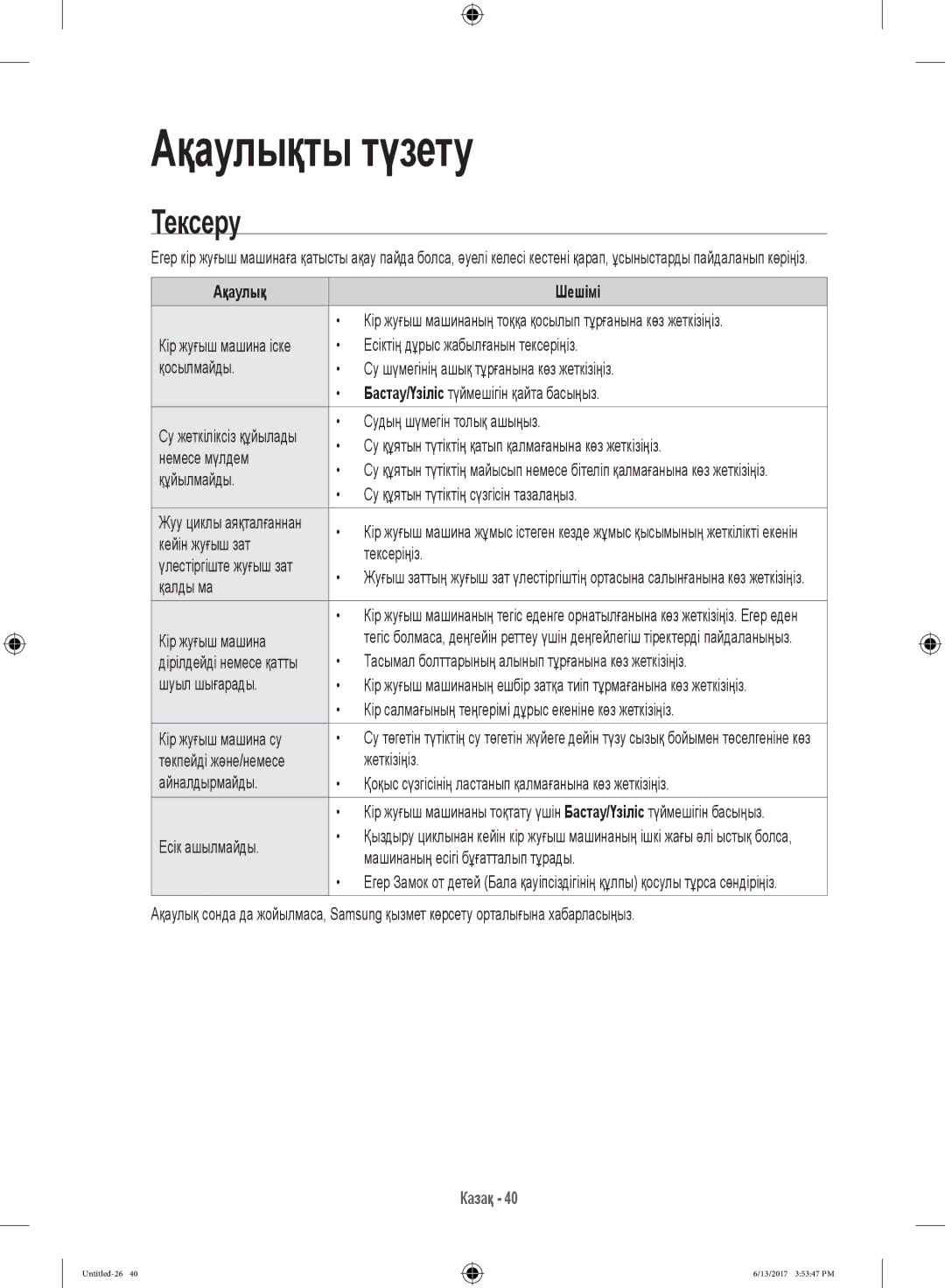 Samsung WW12H8400EW/LP, WW12H8400EX/LP manual Тексеру, Ақаулық Шешімі 