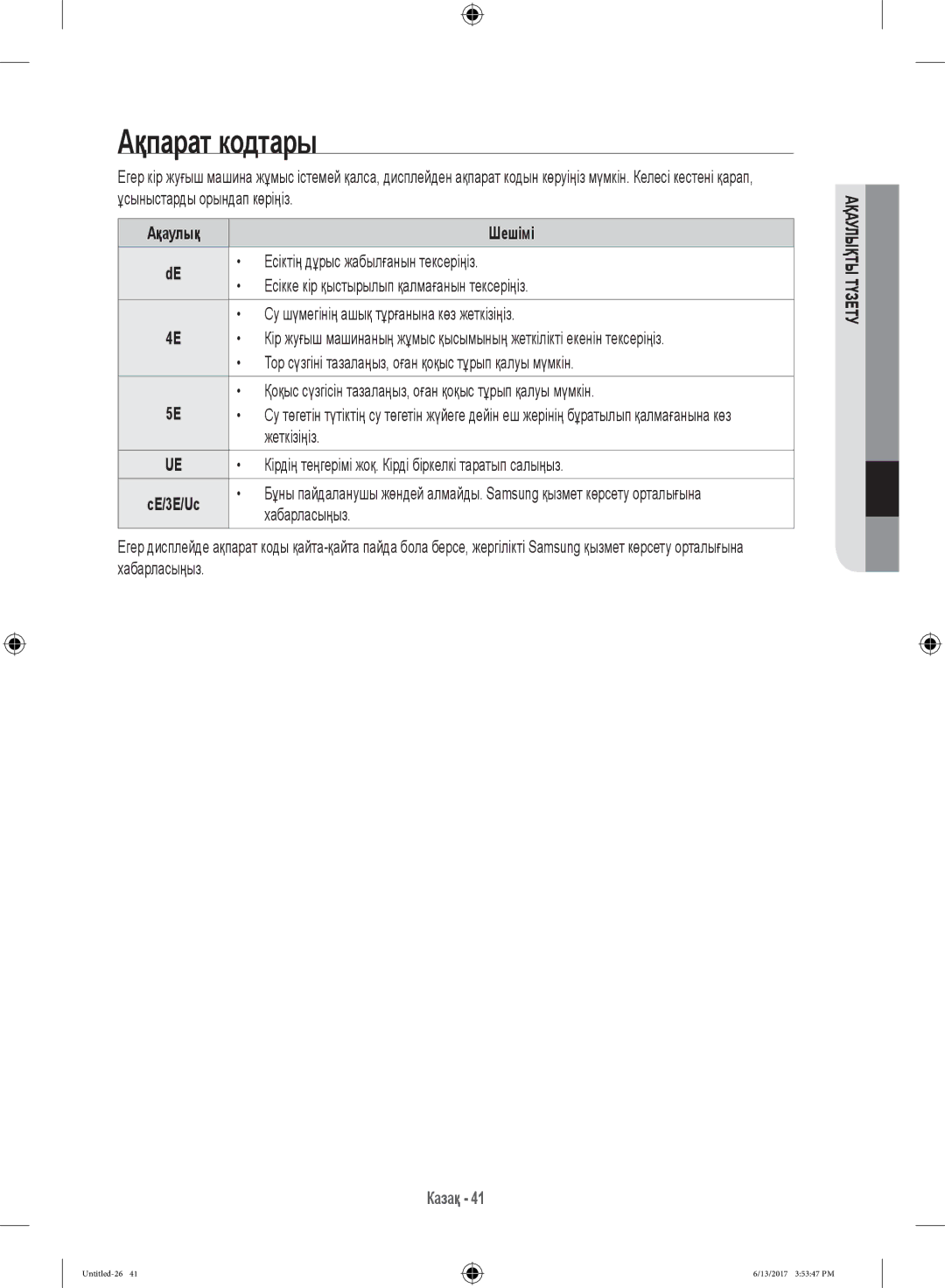 Samsung WW12H8400EX/LP, WW12H8400EW/LP manual Ақпарат кодтары 