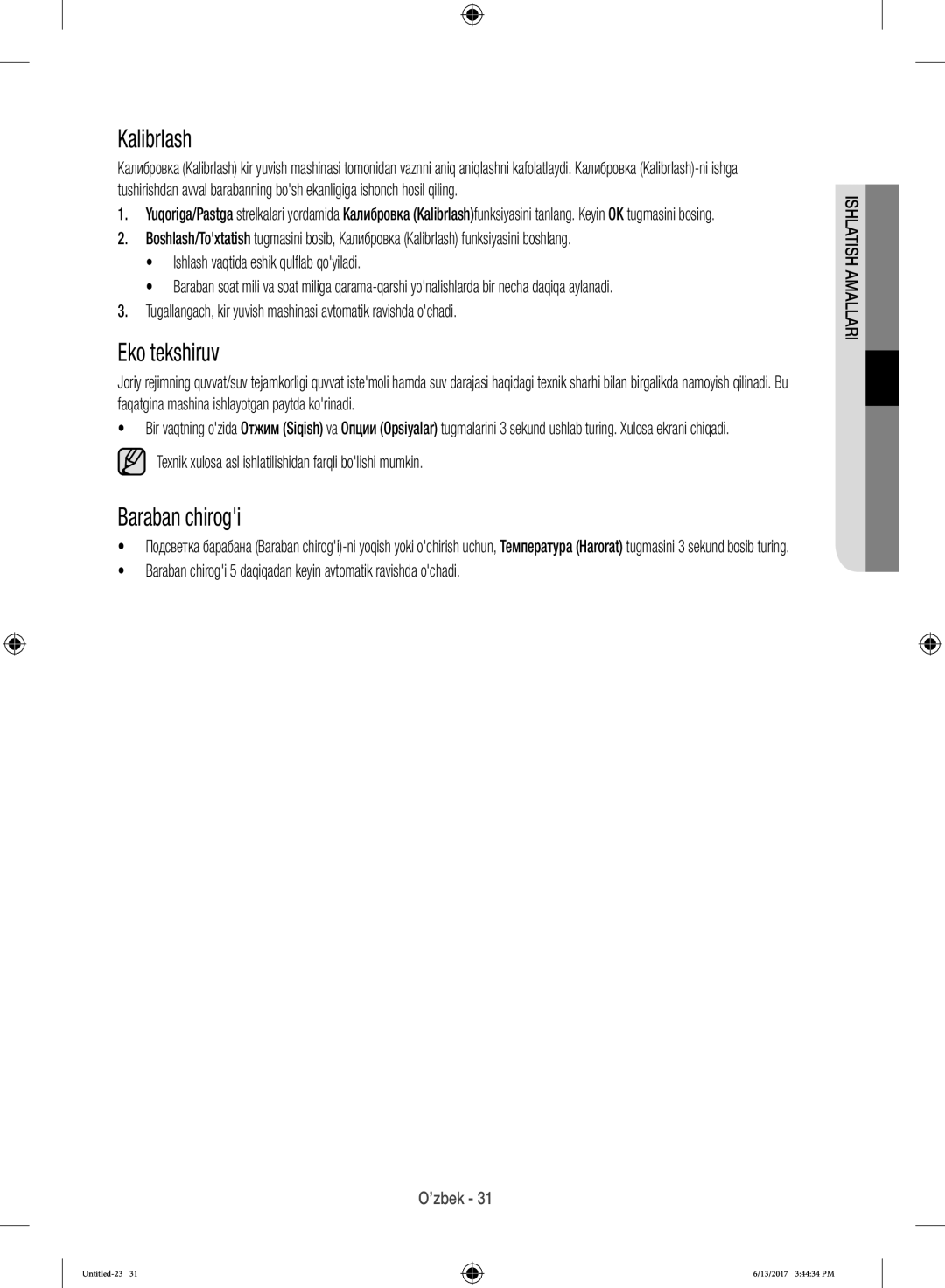 Samsung WW12H8400EX/LP, WW12H8400EW/LP manual Kalibrlash, Eko tekshiruv, Baraban chirogi 