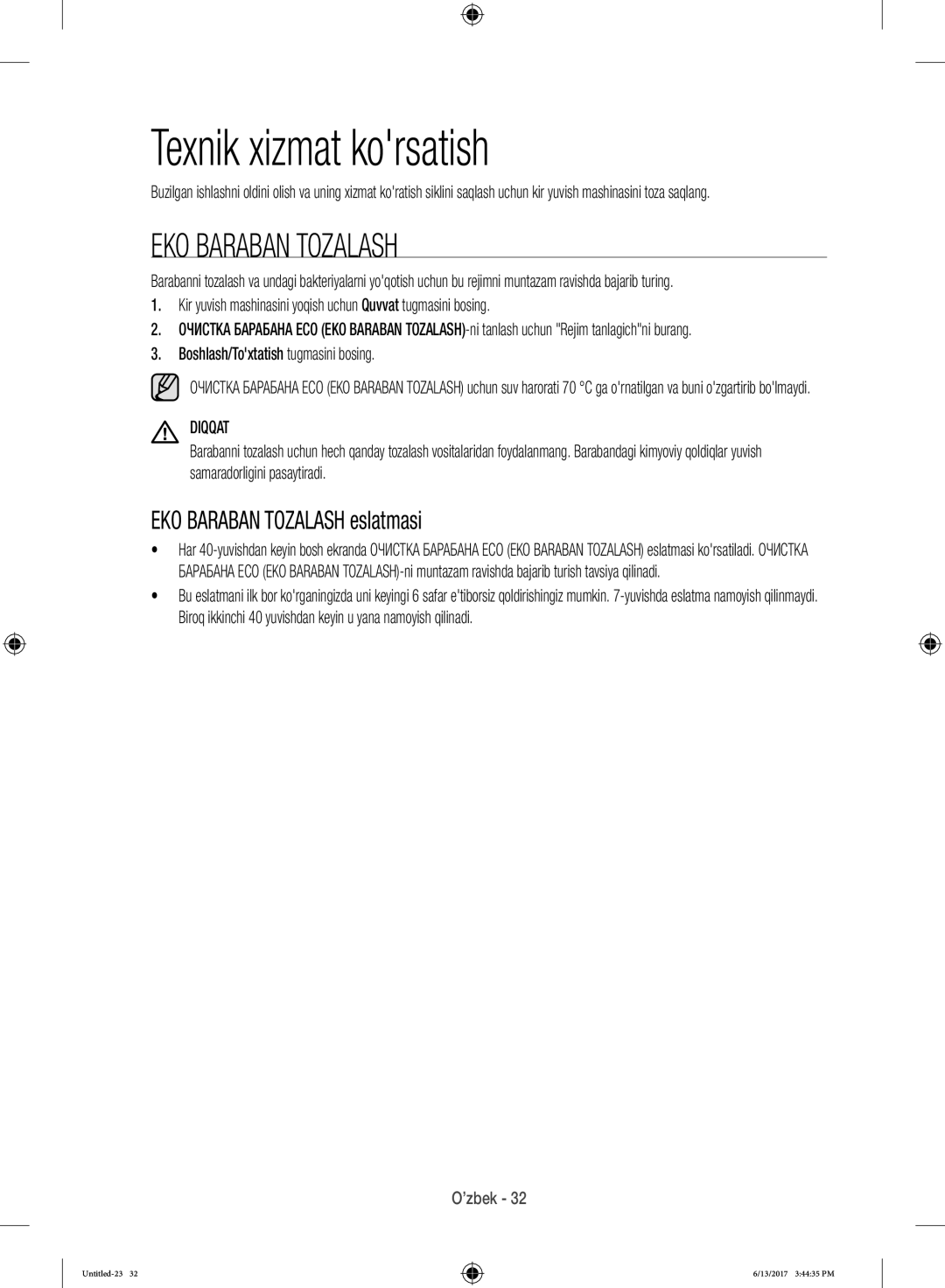 Samsung WW12H8400EW/LP, WW12H8400EX/LP manual Texnik xizmat korsatish, EKO Baraban Tozalash eslatmasi 