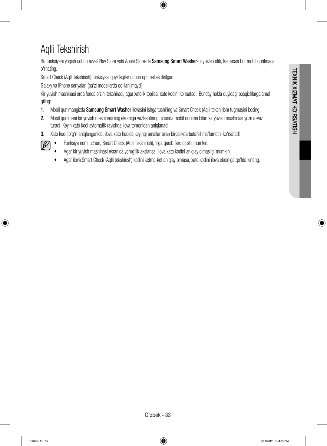 Samsung WW12H8400EX/LP, WW12H8400EW/LP manual Aqlli Tekshirish 