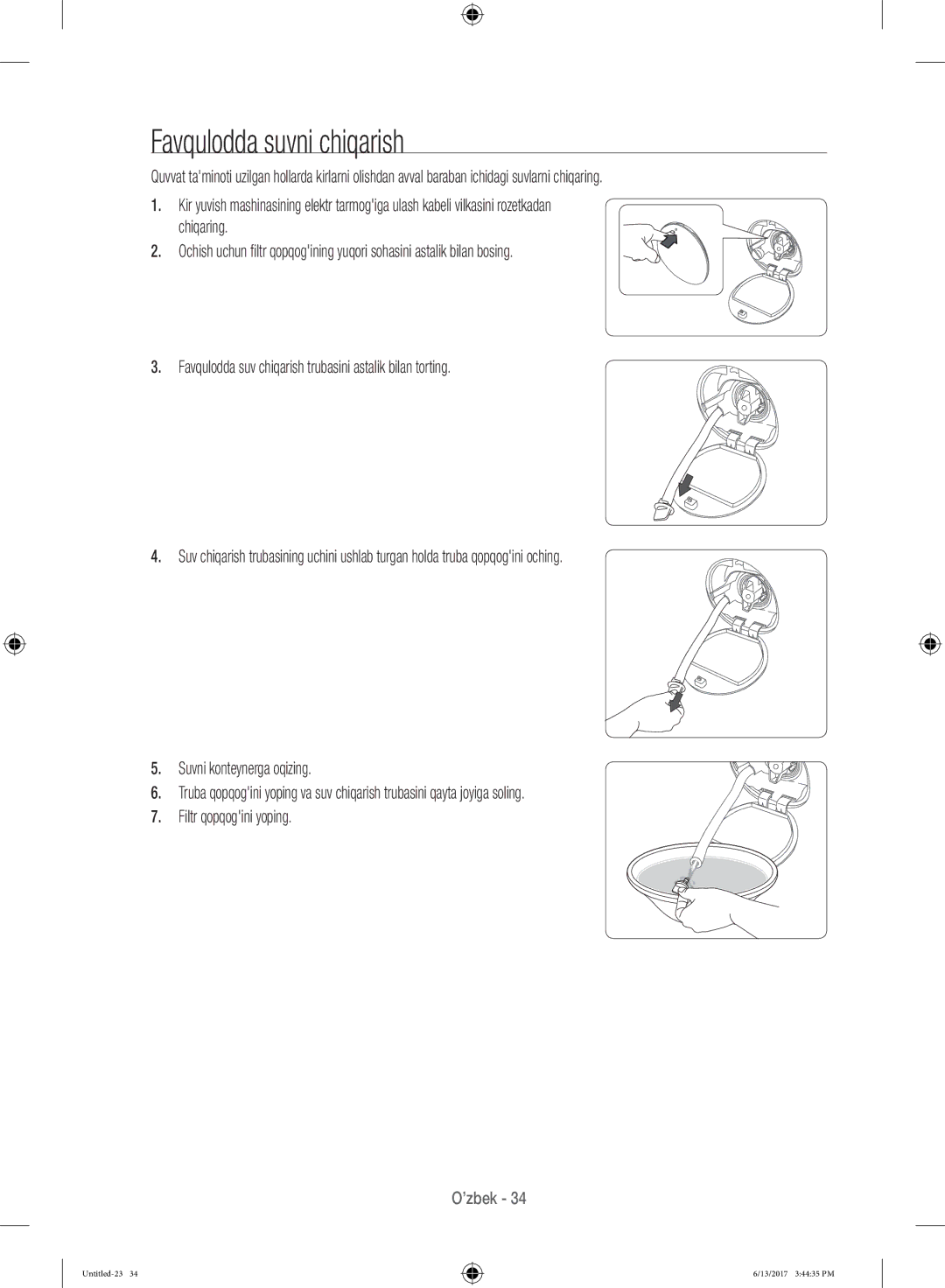 Samsung WW12H8400EW/LP, WW12H8400EX/LP manual Favqulodda suvni chiqarish 