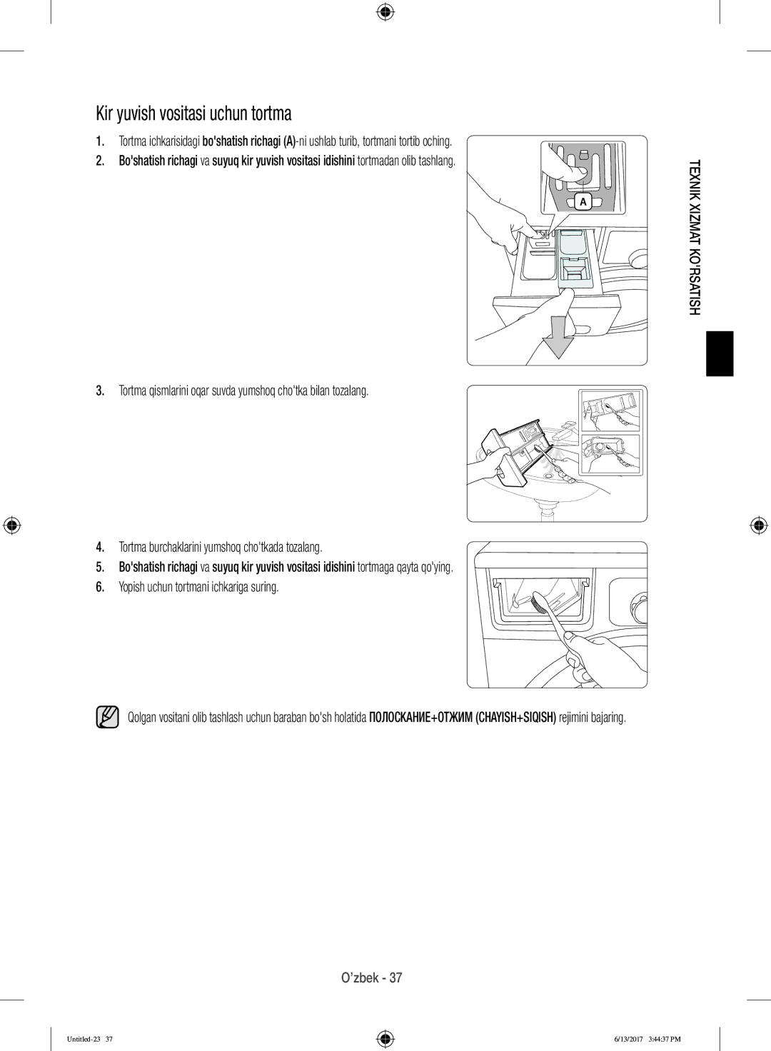 Samsung WW12H8400EX/LP, WW12H8400EW/LP manual Kir yuvish vositasi uchun tortma 