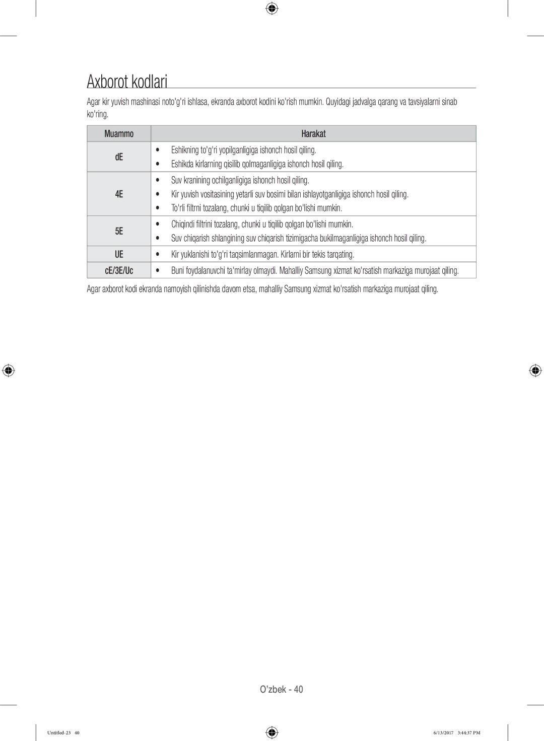 Samsung WW12H8400EW/LP, WW12H8400EX/LP manual Axborot kodlari 