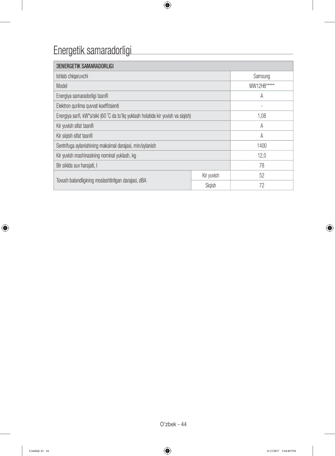 Samsung WW12H8400EW/LP, WW12H8400EX/LP manual Energetik samaradorligi, Эenergetik Samaradorligi 
