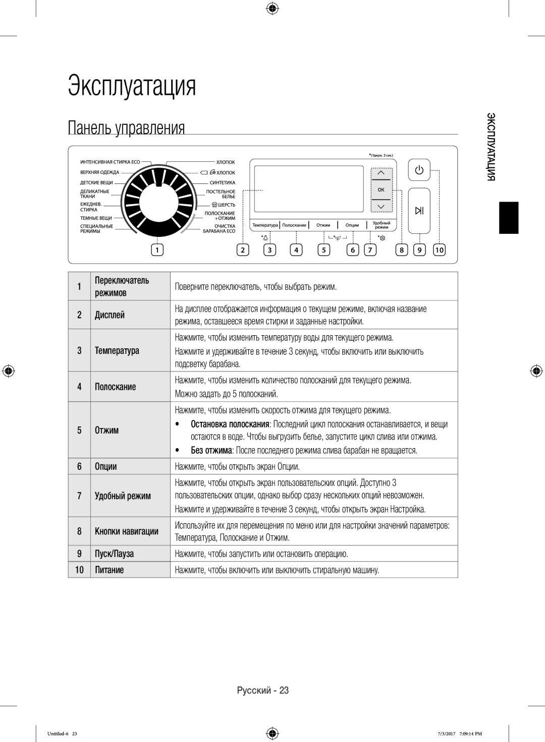 Samsung WW12H8400EX/LP, WW12H8400EW/LP manual Эксплуатация, Панель управления 