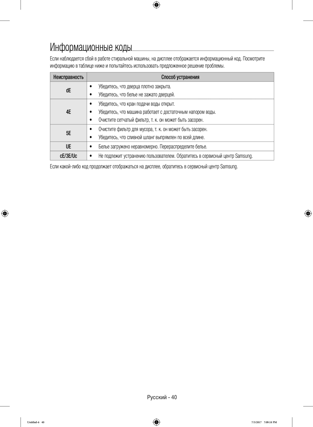 Samsung WW12H8400EW/LP, WW12H8400EX/LP manual Информационные коды 