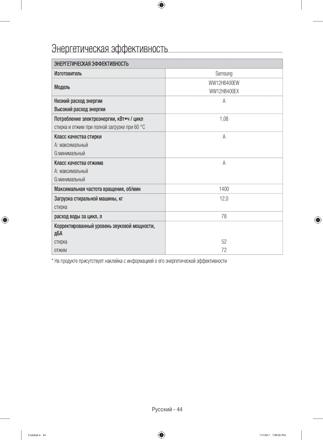 Samsung WW12H8400EW/LP, WW12H8400EX/LP manual Энергетическая эффективность, Энергетическая Эффективность 
