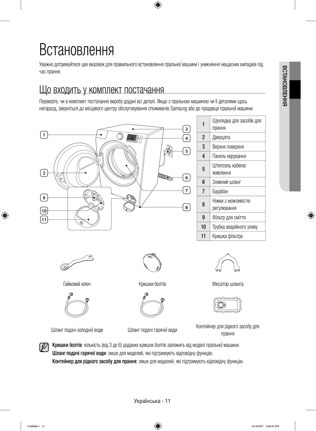 Samsung WW12H8400EX/LP manual Встановлення, Що входить у комплект постачання, Гайковий ключ, Зливний шланг Барабан 