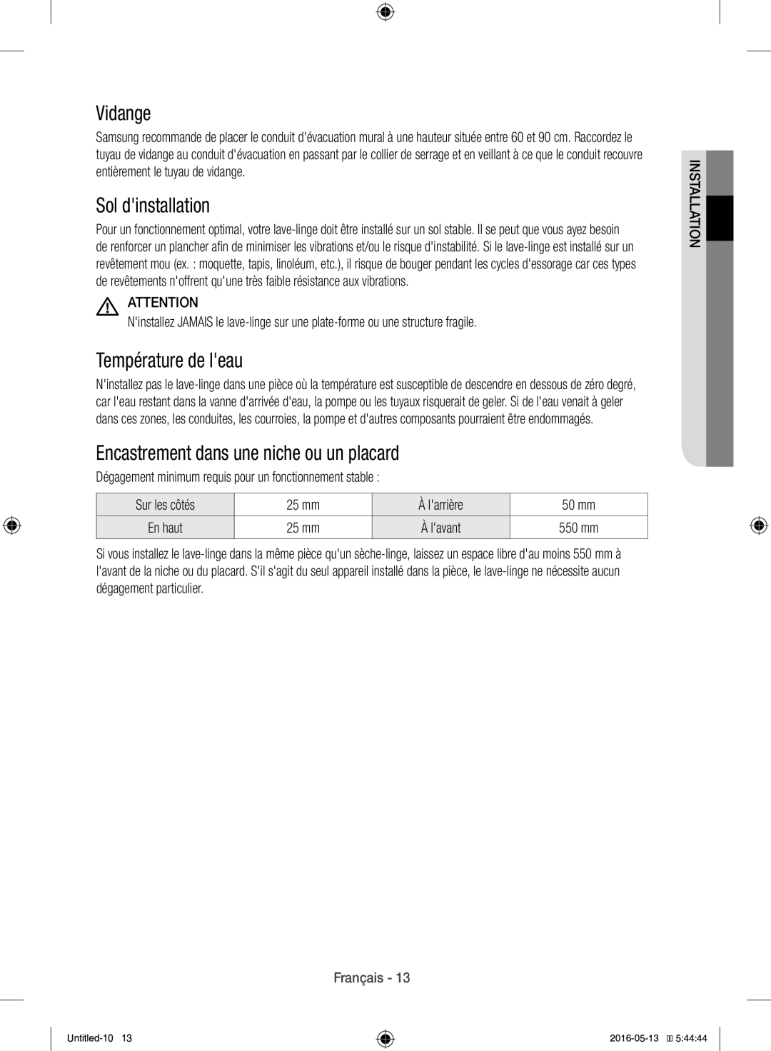 Samsung WW12H8420EW/EF manual Vidange, Sol dinstallation, Température de leau, Encastrement dans une niche ou un placard 