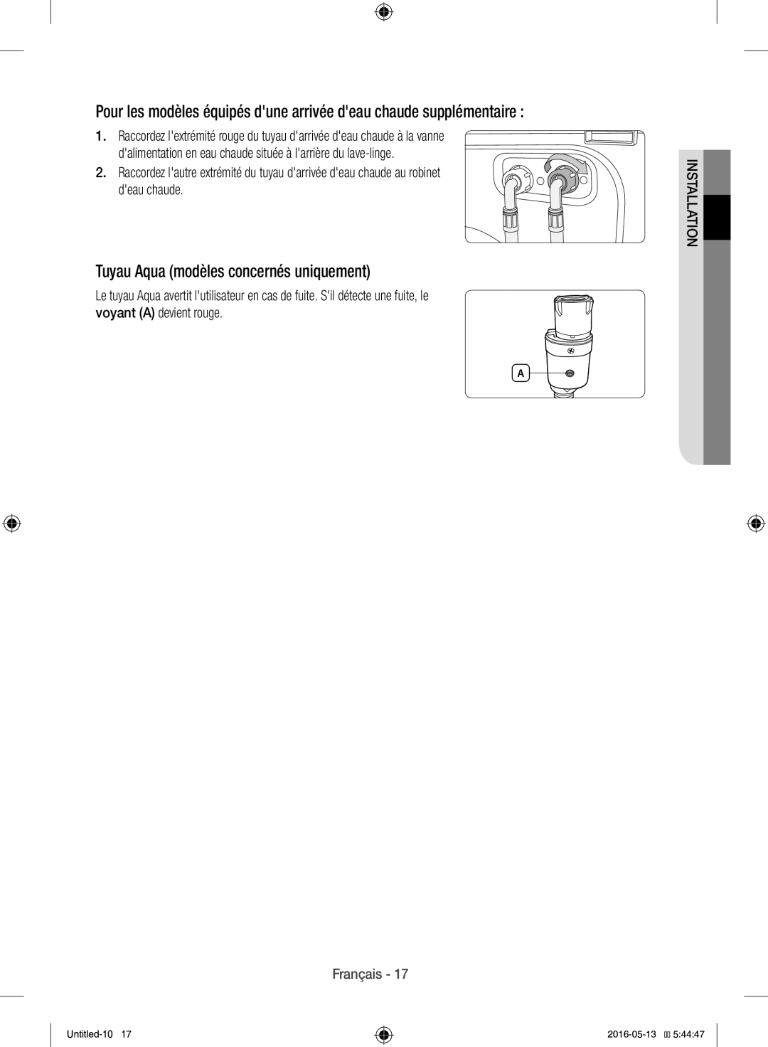 Samsung WW12H8420EW/EF manual Tuyau Aqua modèles concernés uniquement 