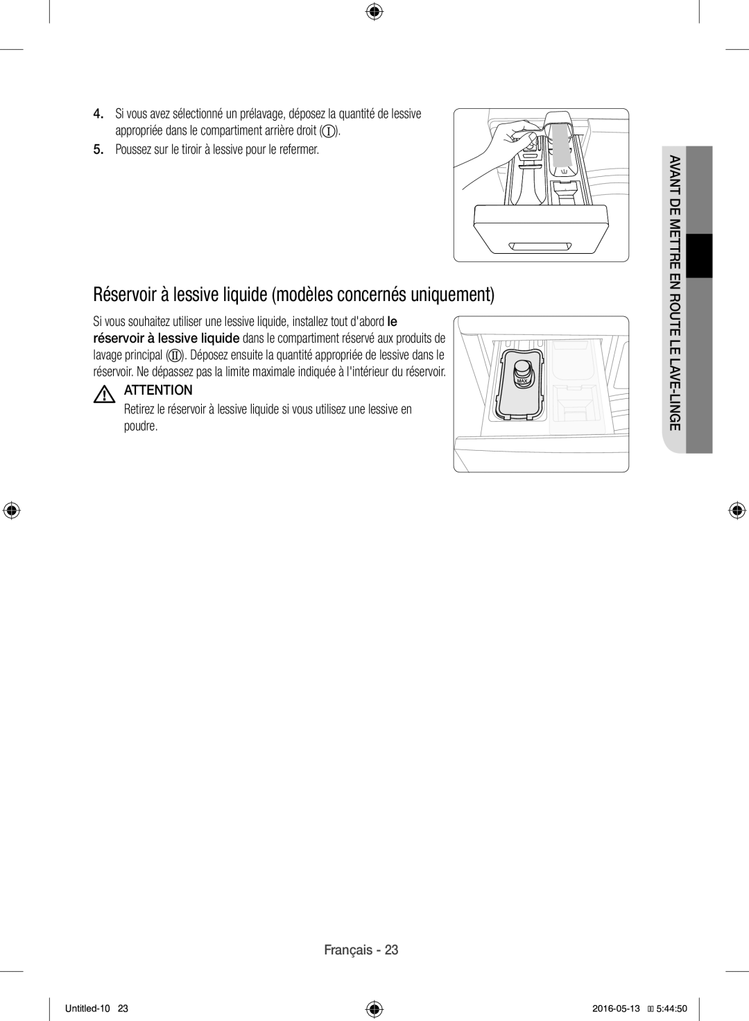 Samsung WW12H8420EW/EF manual Réservoir à lessive liquide modèles concernés uniquement 