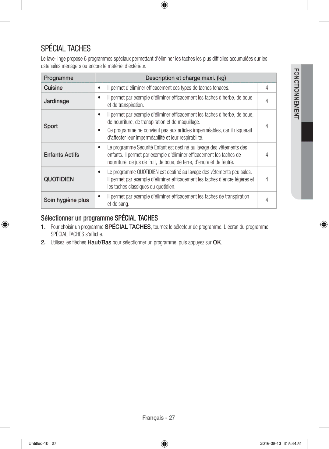 Samsung WW12H8420EW/EF manual Sélectionner un programme Spécial Taches 