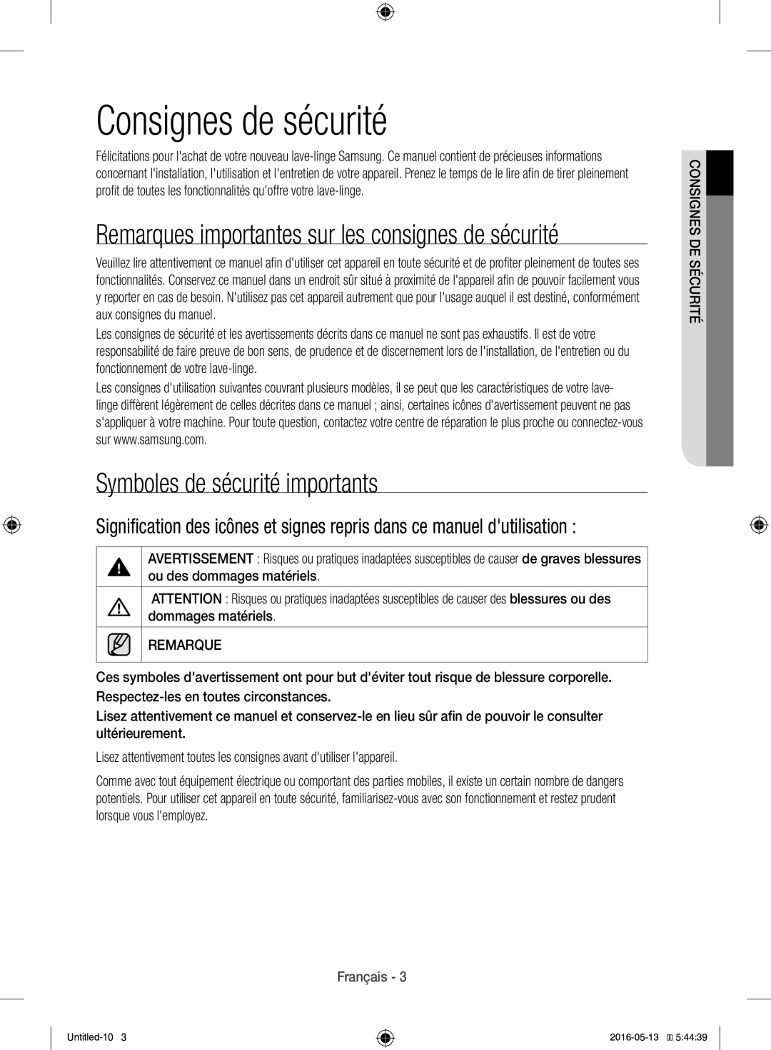 Samsung WW12H8420EW/EF manual Consignes de sécurité, Symboles de sécurité importants 