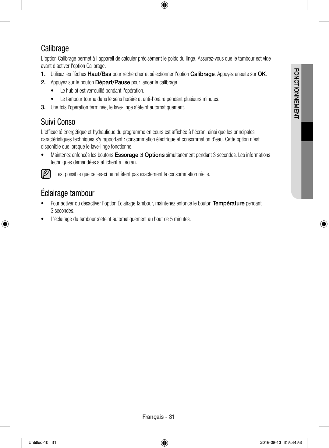 Samsung WW12H8420EW/EF manual Calibrage, Suivi Conso, Éclairage tambour 