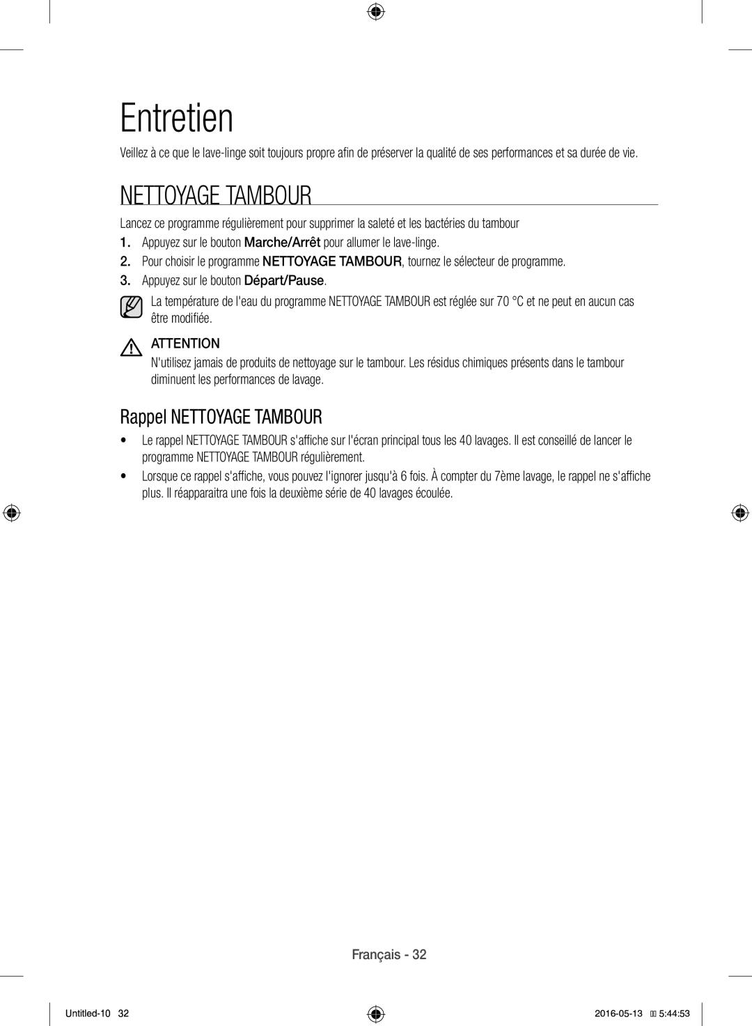 Samsung WW12H8420EW/EF manual Entretien, Rappel Nettoyage Tambour 