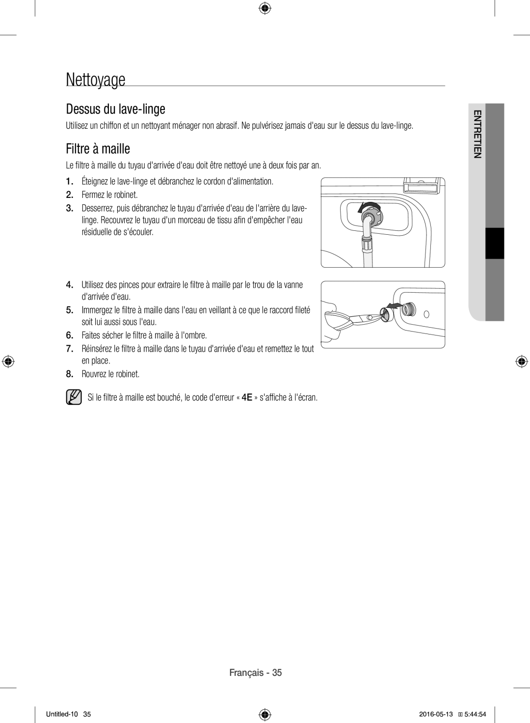 Samsung WW12H8420EW/EF manual Nettoyage, Dessus du lave-linge, Filtre à maille 