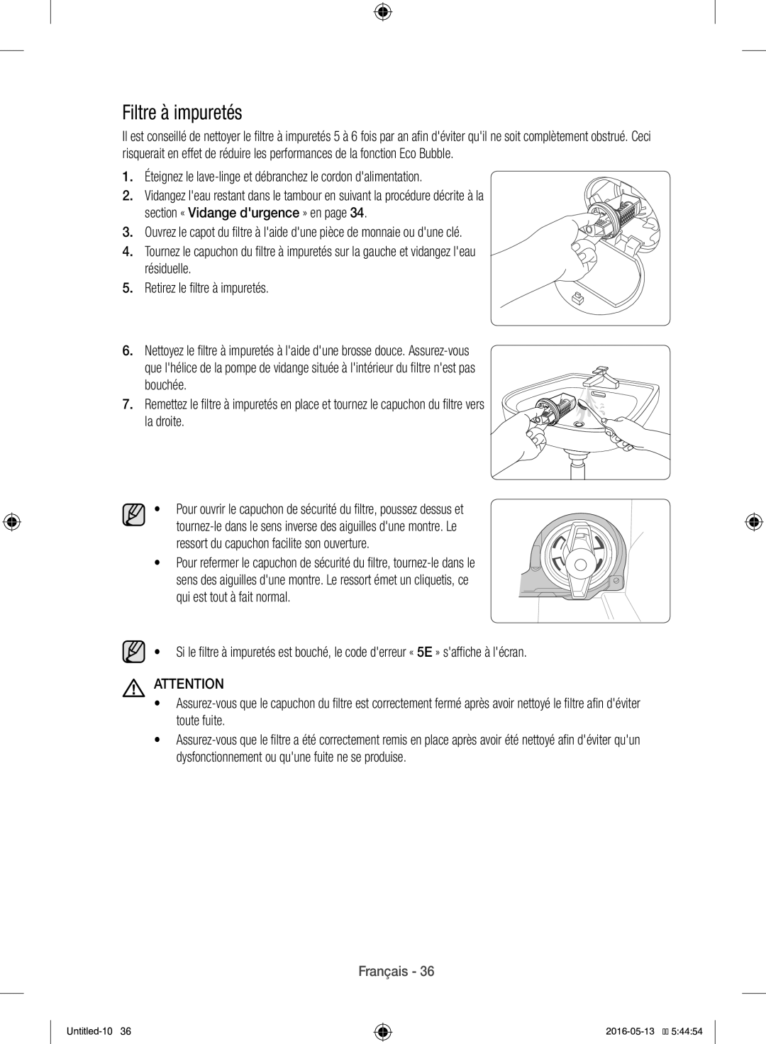 Samsung WW12H8420EW/EF manual Filtre à impuretés, Ressort du capuchon facilite son ouverture 