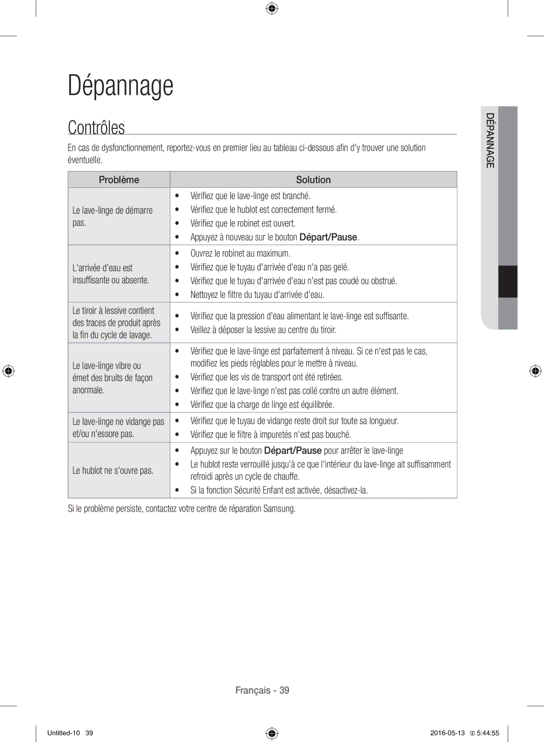 Samsung WW12H8420EW/EF manual Dépannage 