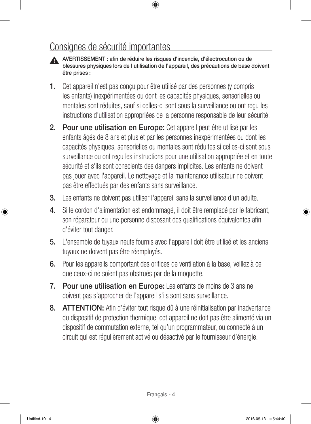 Samsung WW12H8420EW/EF manual Consignes de sécurité importantes 