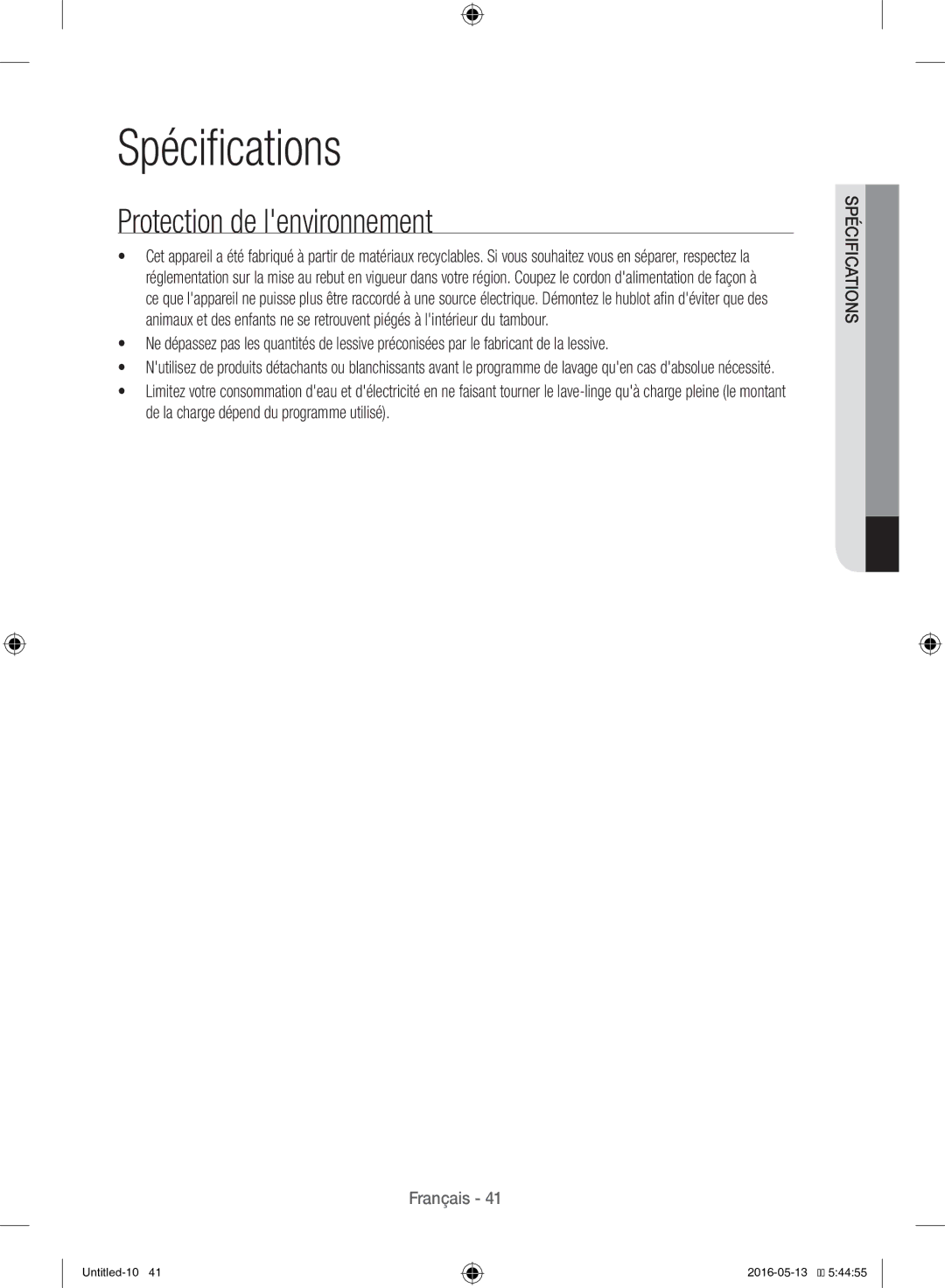 Samsung WW12H8420EW/EF manual Spécifications, Protection de lenvironnement 