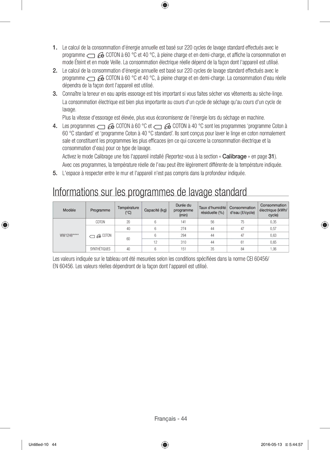 Samsung WW12H8420EW/EF manual Informations sur les programmes de lavage standard 