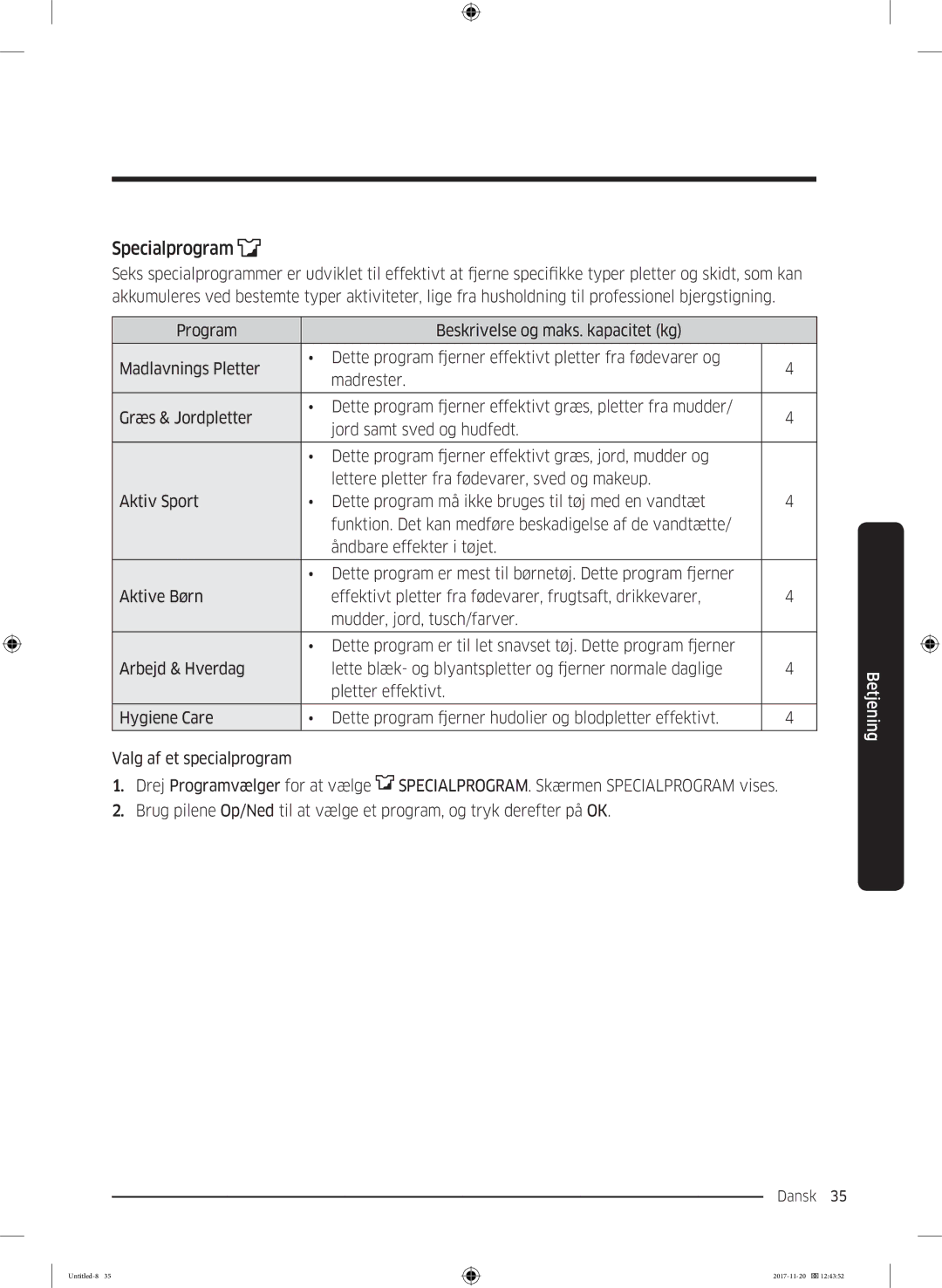 Samsung WW12K8402OW/EE manual Specialprogram 