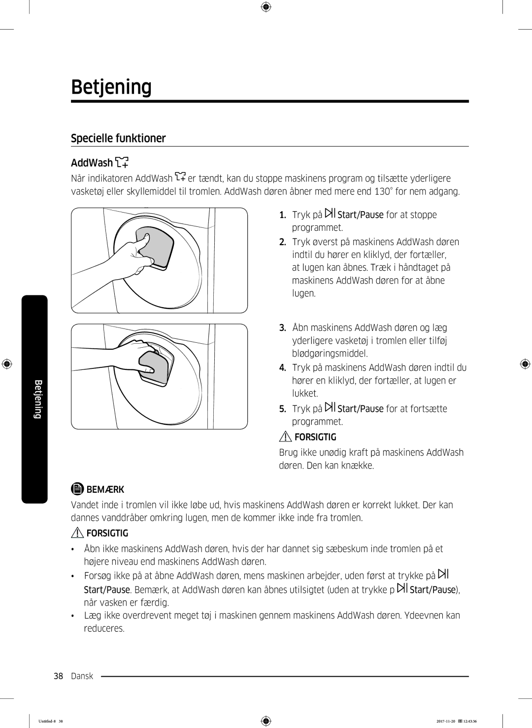 Samsung WW12K8402OW/EE manual Specielle funktioner, AddWash 