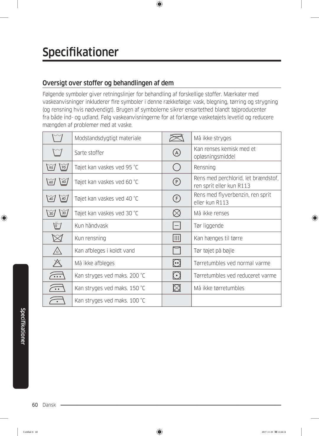 Samsung WW12K8402OW/EE manual Specifikationer, Oversigt over stoffer og behandlingen af dem 