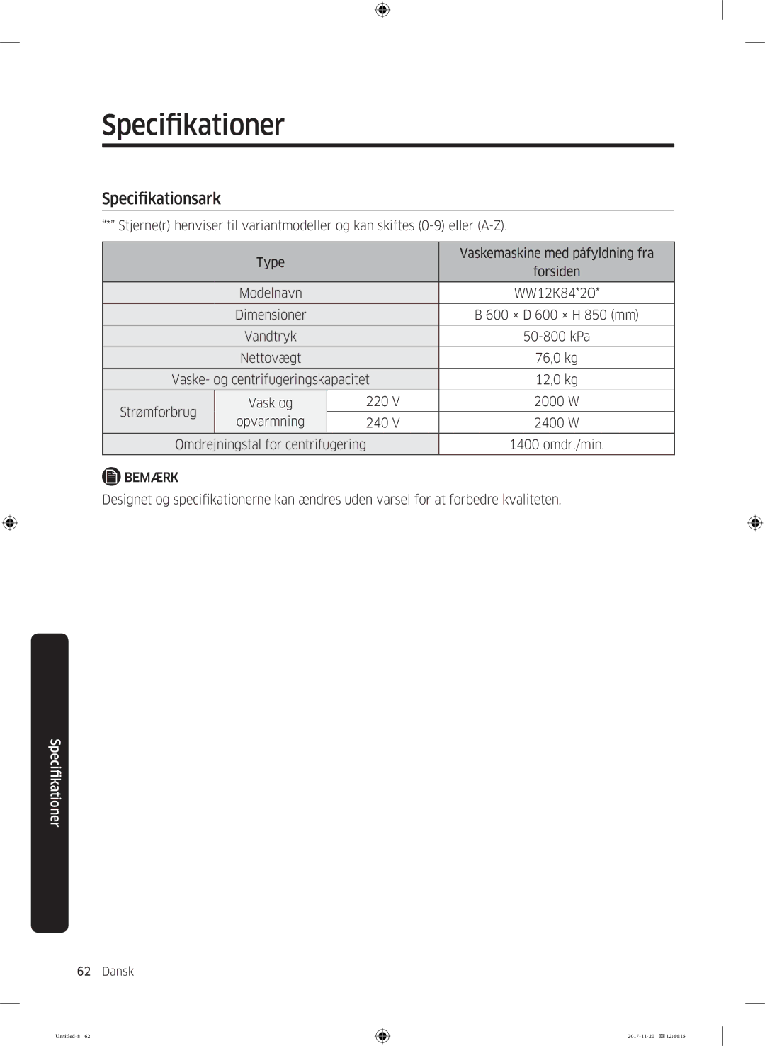 Samsung WW12K8402OW/EE manual Specifikationsark, Bemærk 